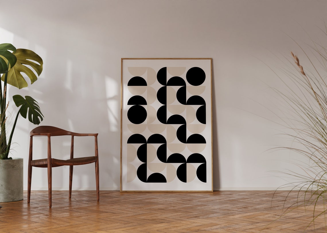 Black Beige Half Circle Pattern Grid Mid Century Modern Poster - Image 3