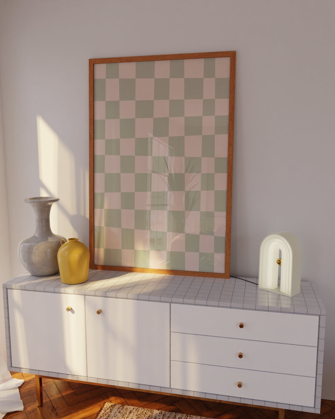 Sage Green Cream Checkerboard Calm Pastel Pattern Art Poster - Image 3
