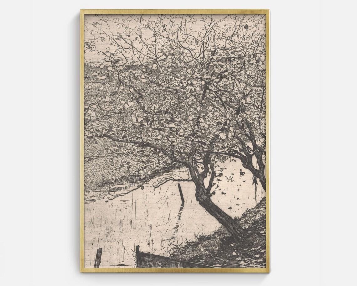 River Sketch Vintage Tree Drawing Poster Print