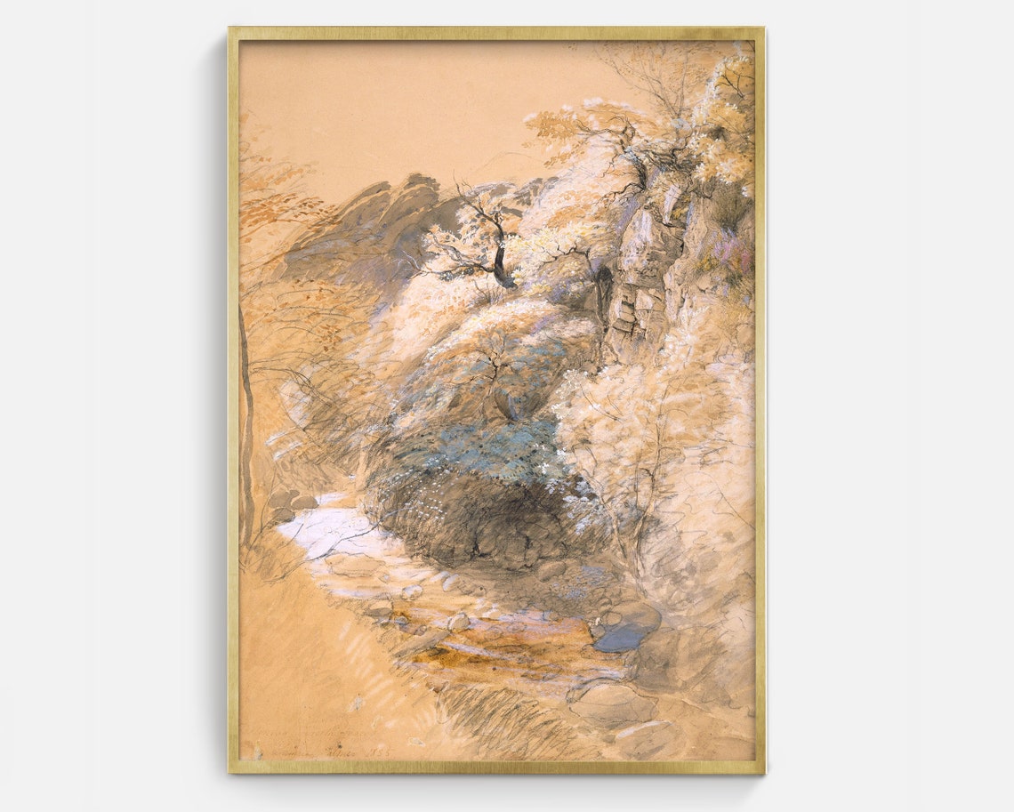 Sepia Rocky Stream Ravine Sketch Antique Landscape Art Print