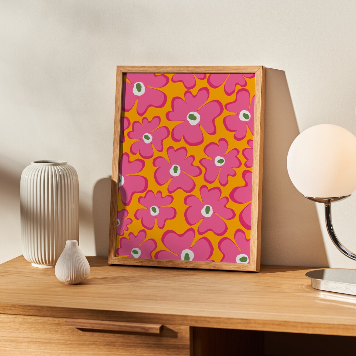 Funky Wavy Flowers Art Print, Yellow Hot Pink Floral - Image 4