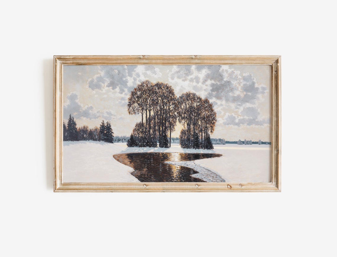 Winter Snow Landscape Painting Pond Tree Reflections Cloudy Sky Poster - Image 2