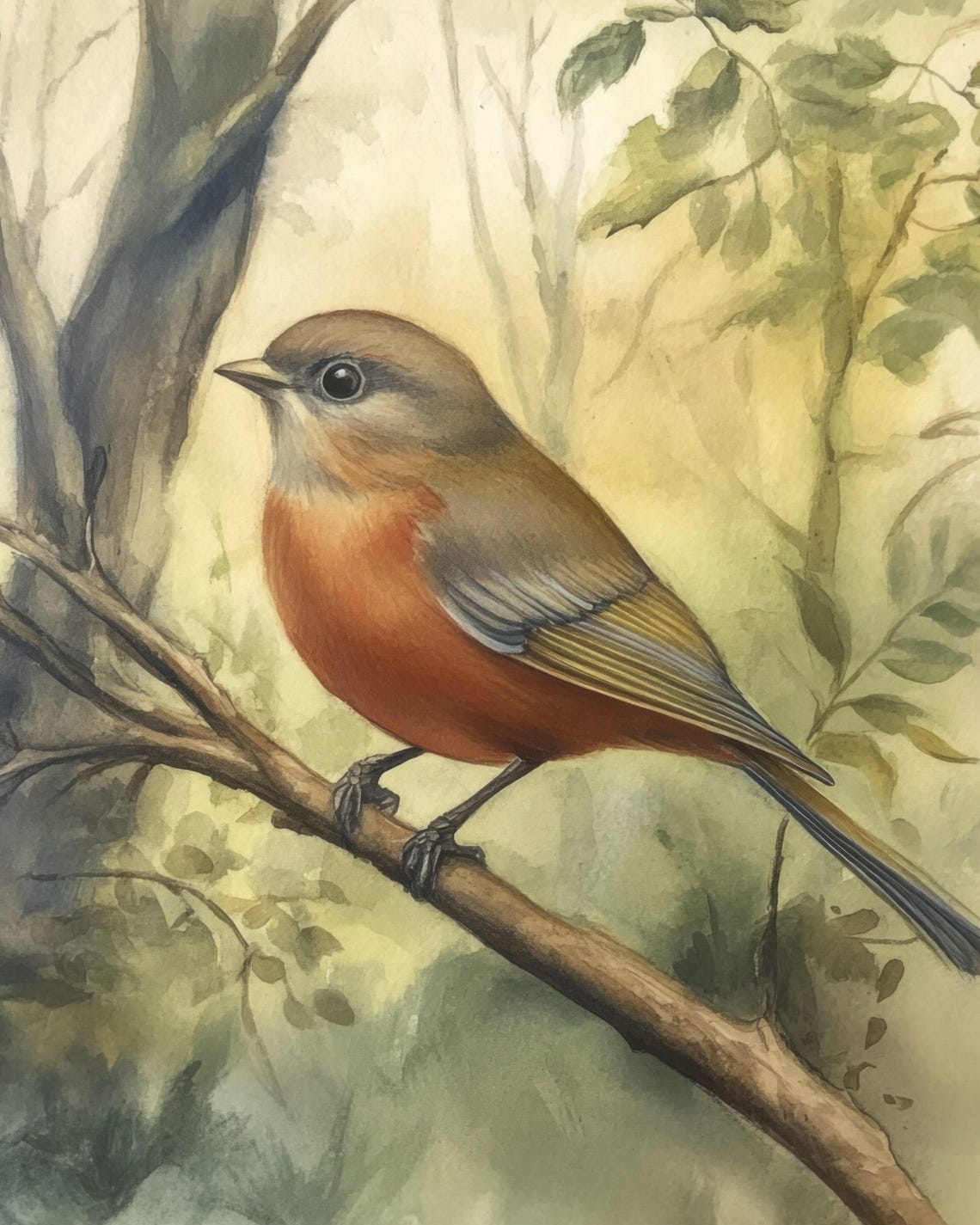 Robin Perched On A Branch Watercolor Bird Illustration Poster - Image 3