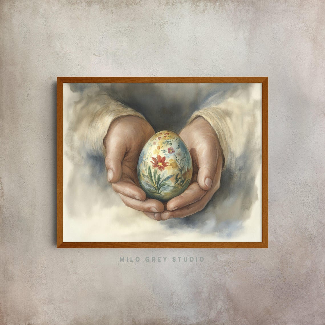 Hands Cradling Vintage Hand Painted Easter Egg Spring Poster