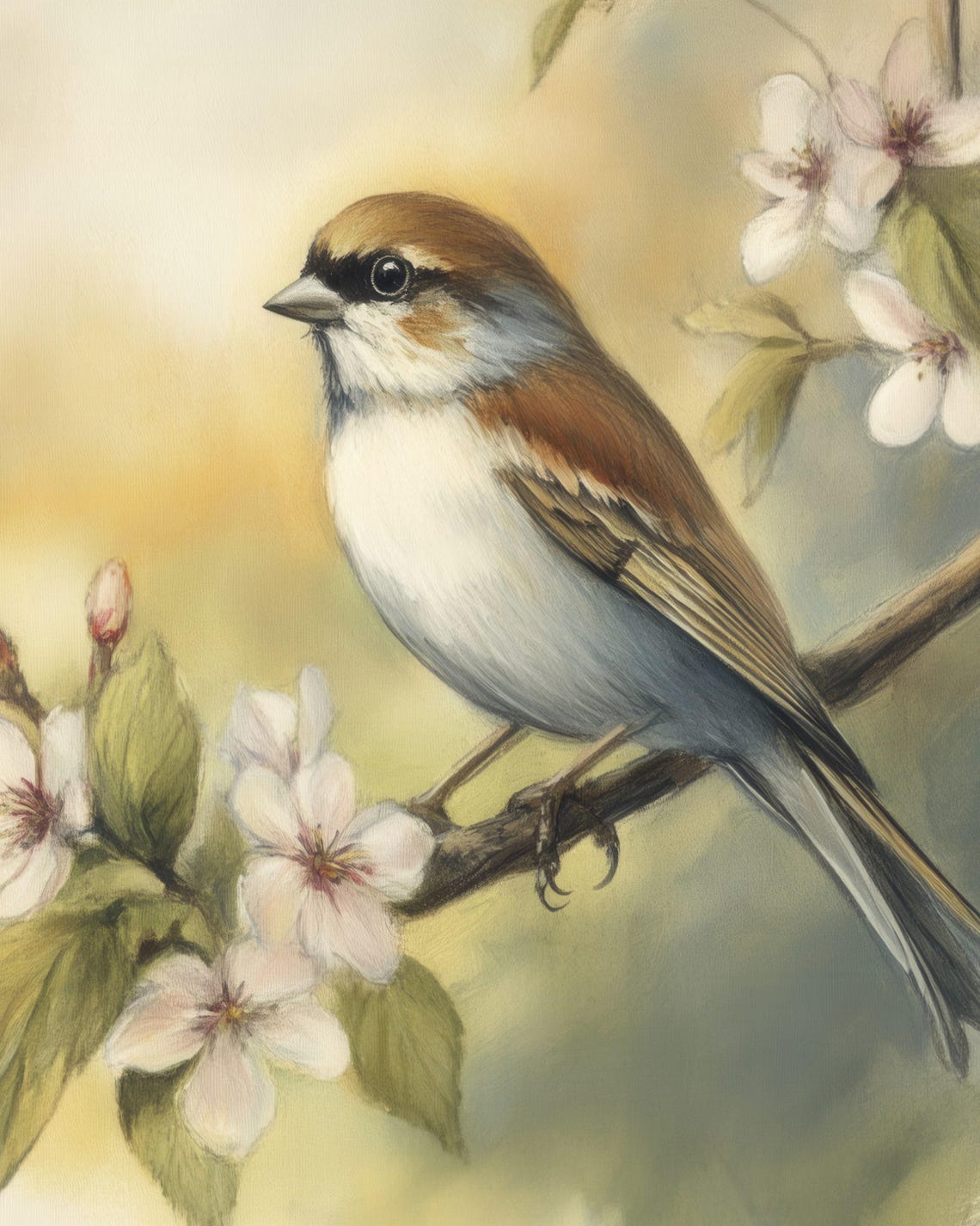 Watercolor Sparrow Perched On White Blossom Branch Spring Poster - Image 3