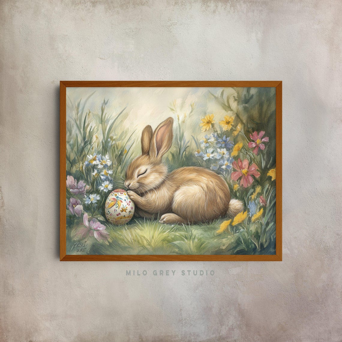 Sleeping Bunny With Painted Easter Egg In Wildflower Meadow Poster