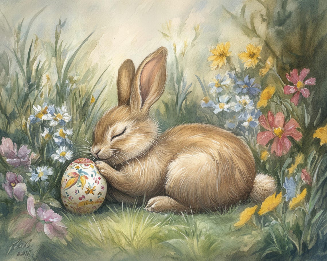 Sleeping Bunny With Painted Easter Egg In Wildflower Meadow Poster - Image 3