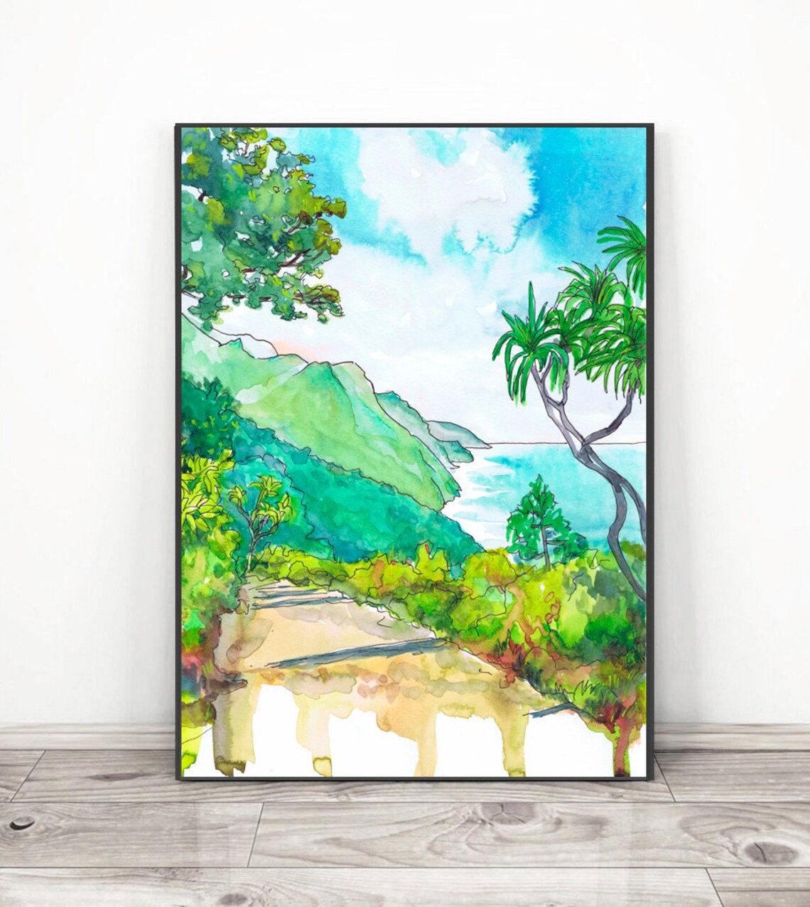 Kauai Coastal Watercolor Art Print, Hawaii Beach