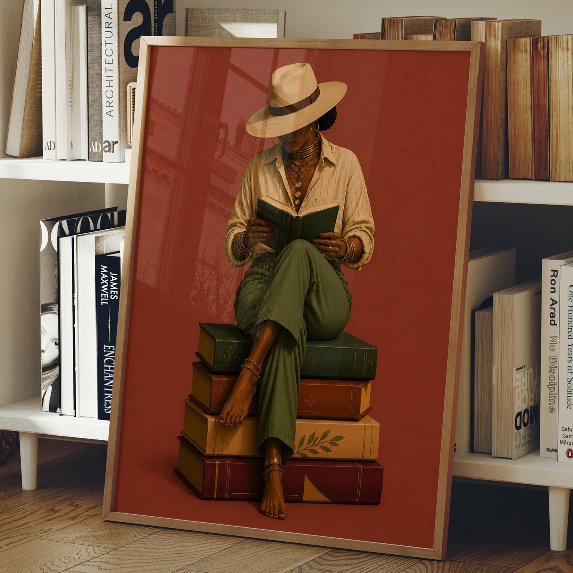 Afrocentric Woman Reading On Stack Of Books Literary Art Poster