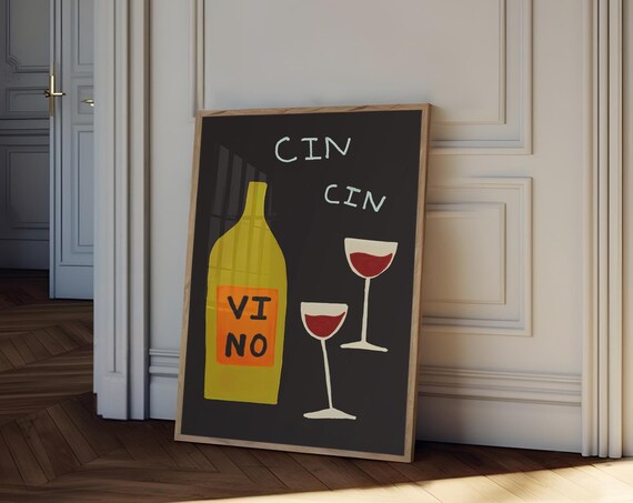 Cin Cin Wine Toast Retro Black Bar Cart Vino Cheers Art Poster