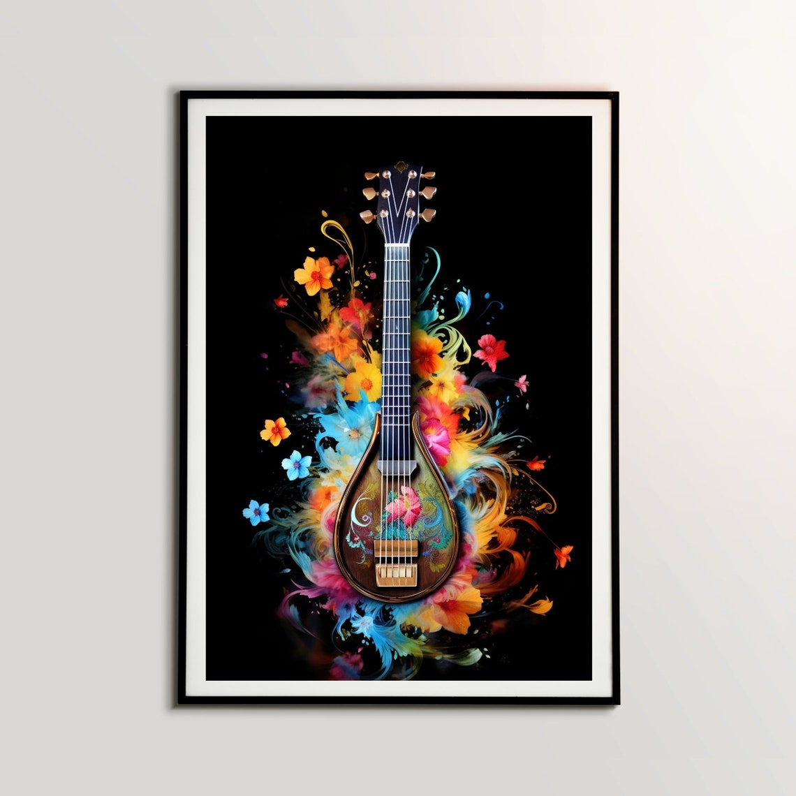 Baglama Turkish Lute Floral Watercolor Black Background Poster