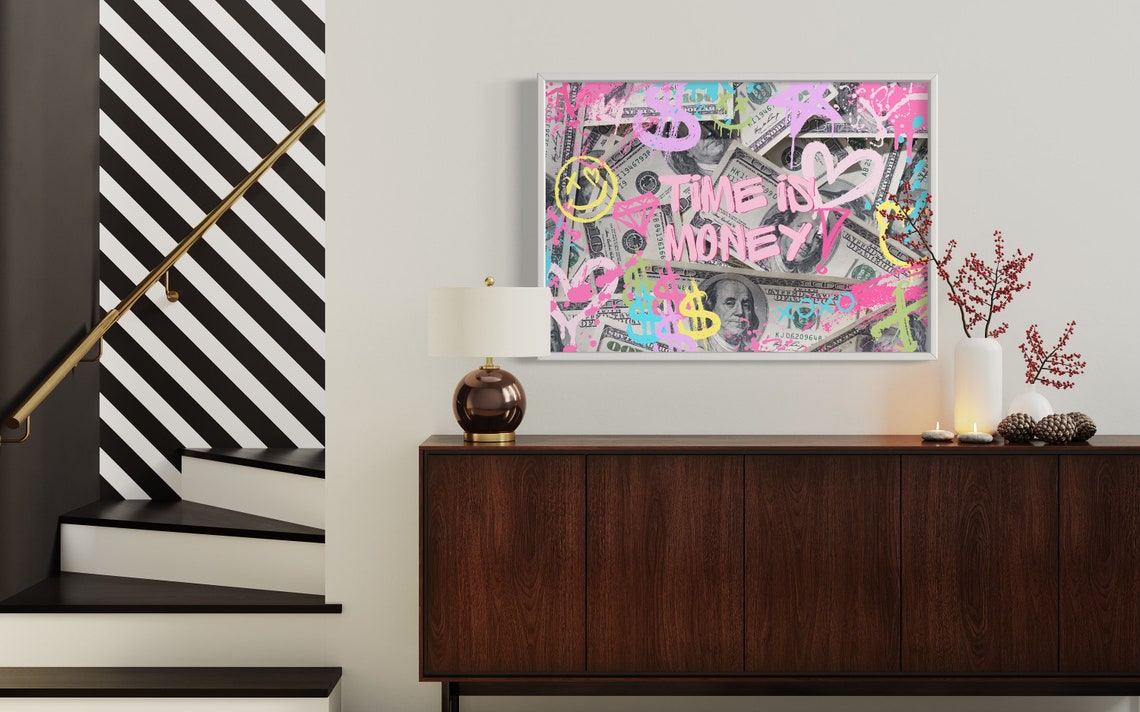 Time Is Money Graffiti Pink Neon Spray Paint Dollar Bill Poster - Image 3