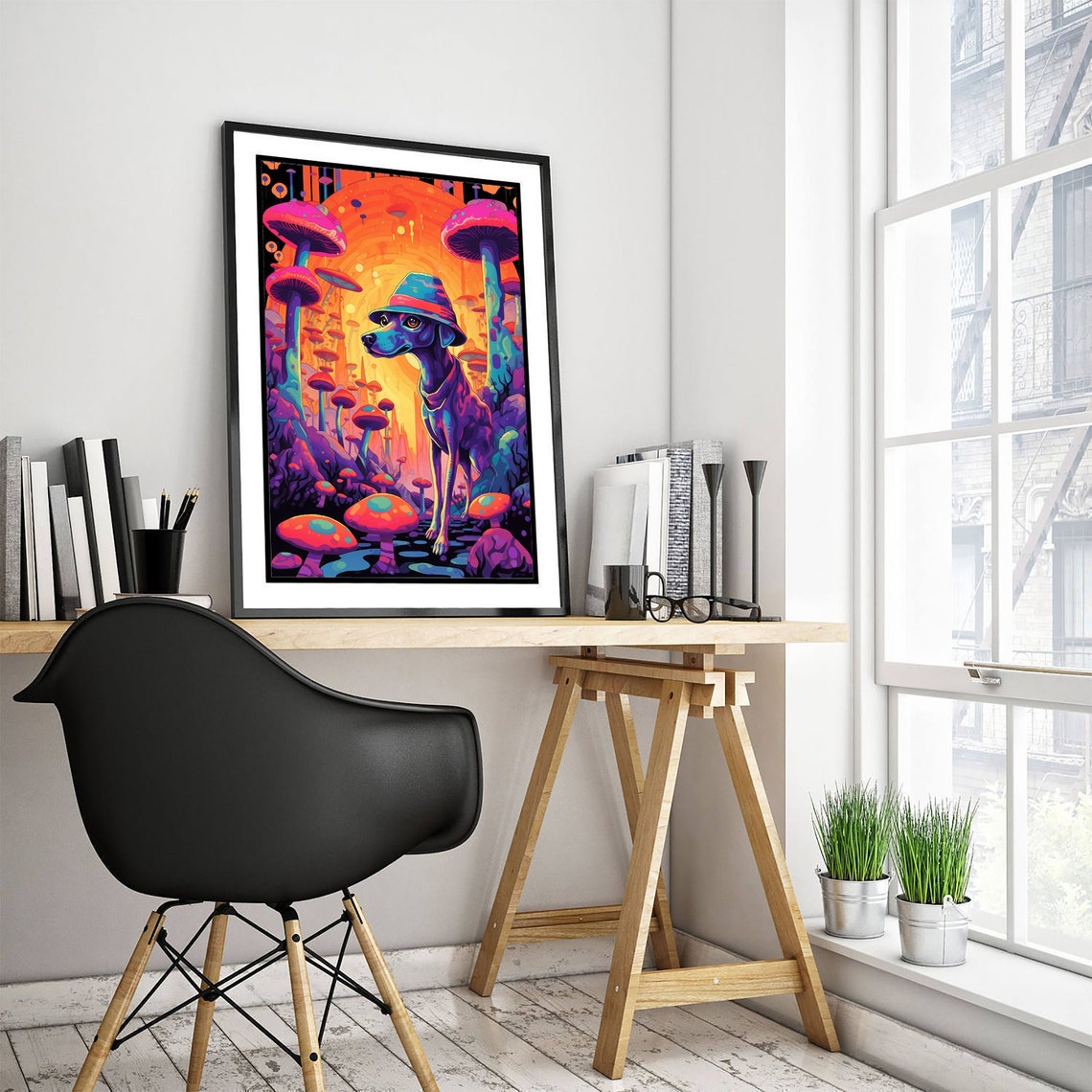 Psychedelic Dog with Hat Among Giant Mushrooms Trippy Art Poster - Image 3