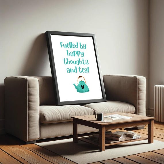 Fuelled By Happy Thoughts And Tea Poster Coffee Shop Home Decor Wall Art Trendy Kitchen Poster Positivi Tea