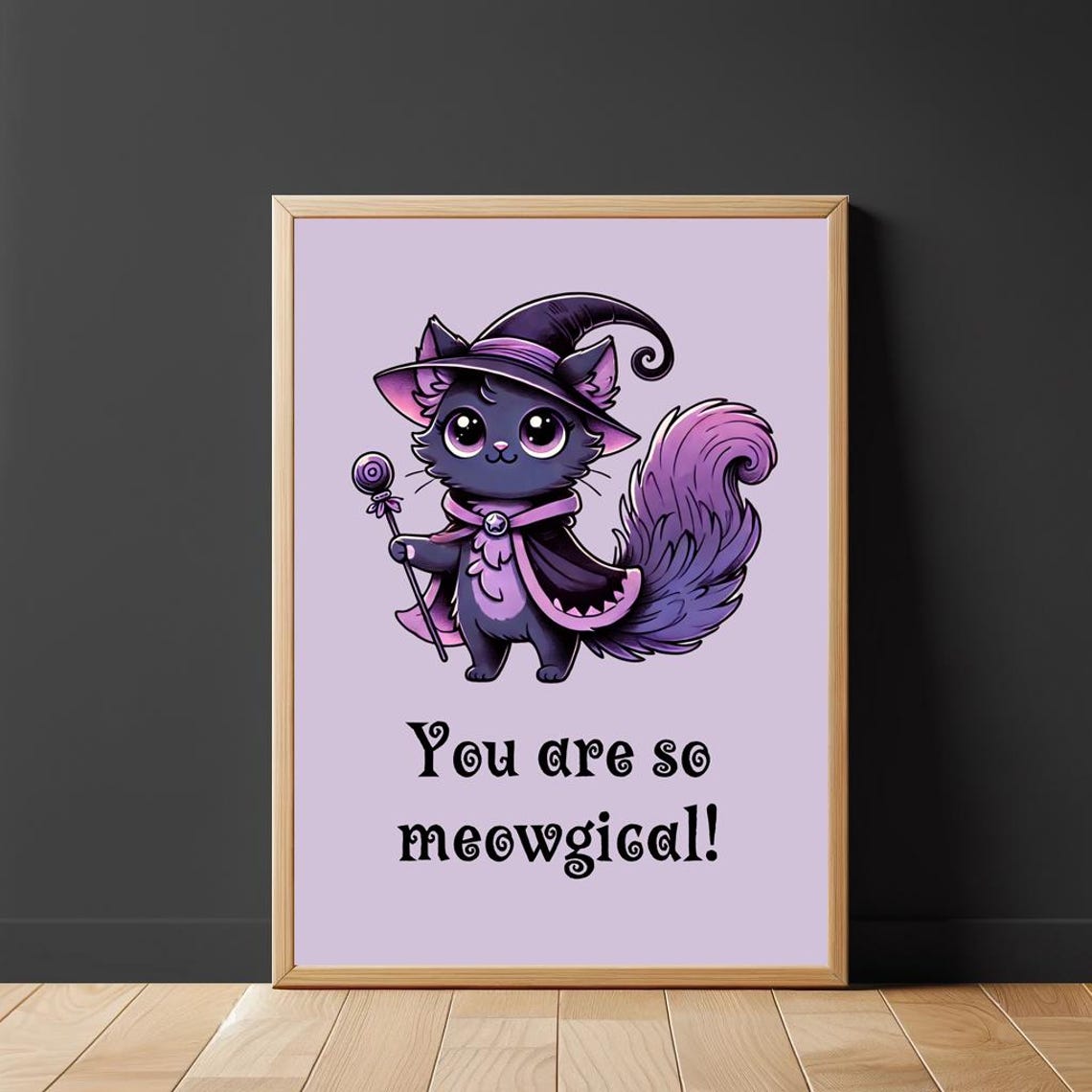 You Are So Meowgical Cute Wizard Cat Purple Magic Kids Room Wall Art - Image 2
