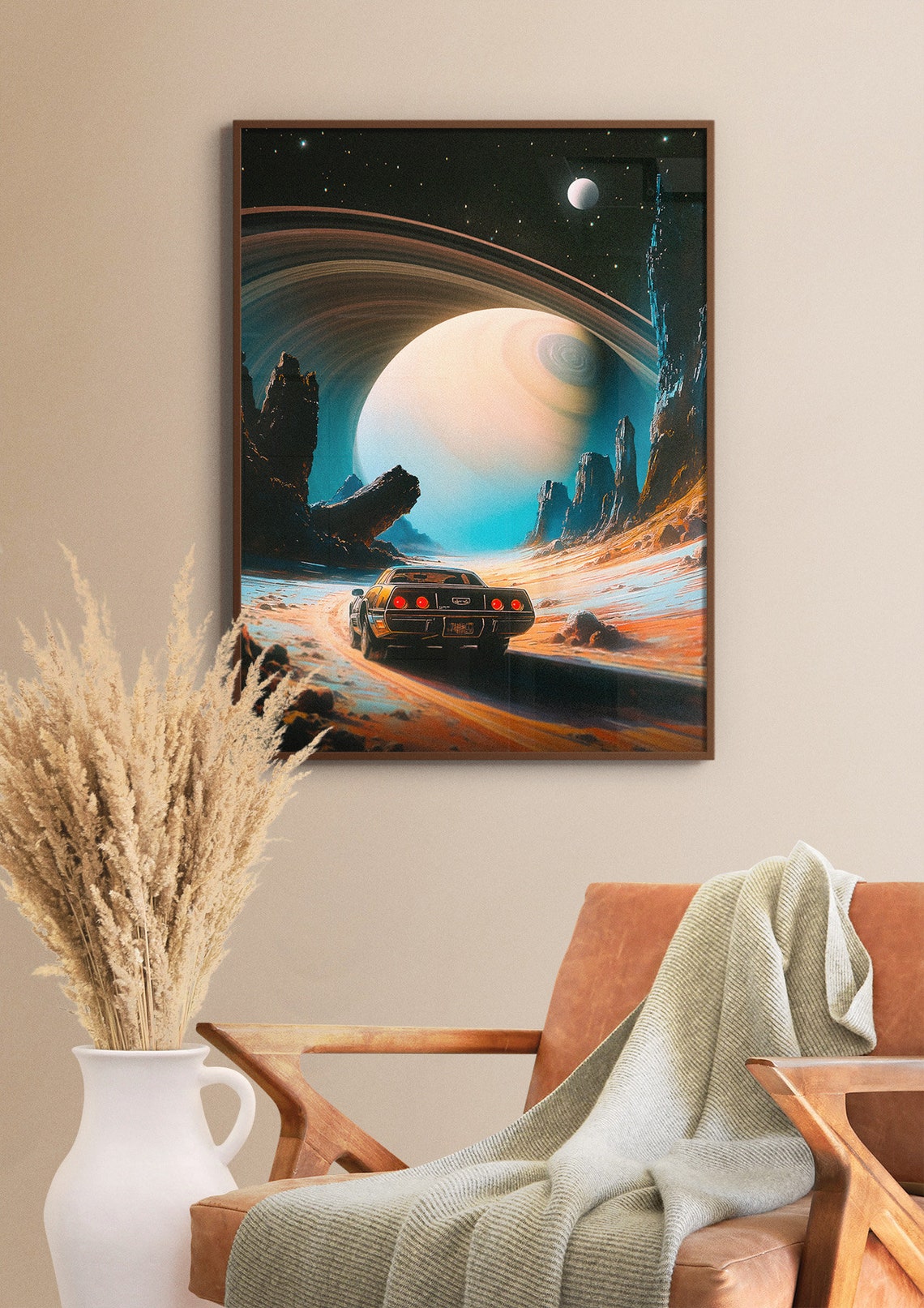 Classic Muscle Car Racing Toward a Ringed Planet Cosmic Space Poster - Image 3