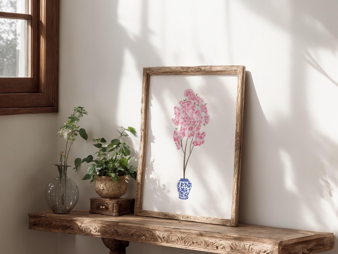 Watercolor Cherry Blossom Tree In Ginger Jar, Grandmillennial Decor - Image 5