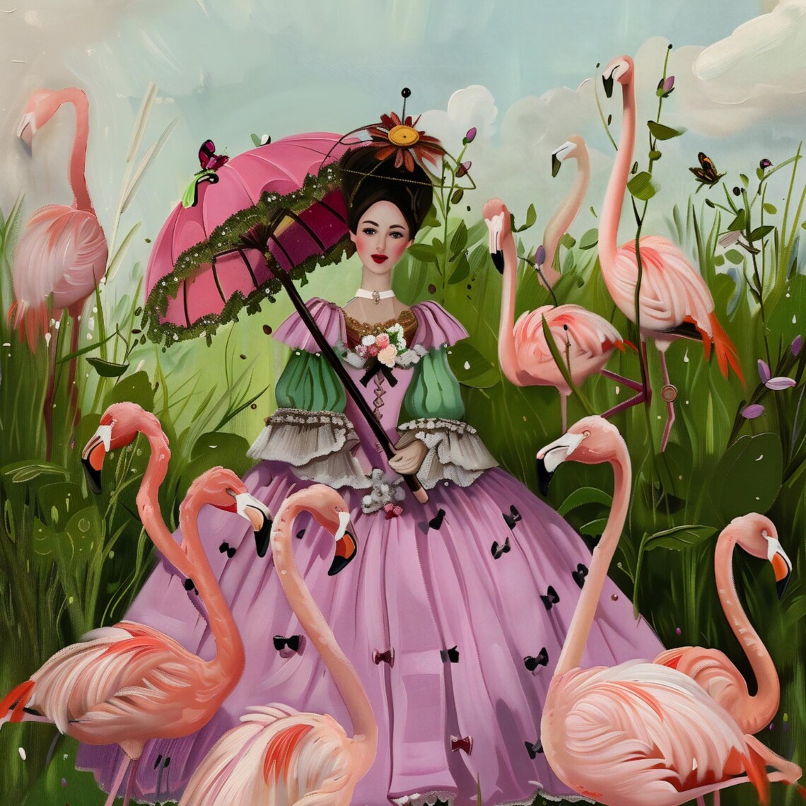 Lady in a Lavender Gown With a Pink Parasol Among Flamingos Poster