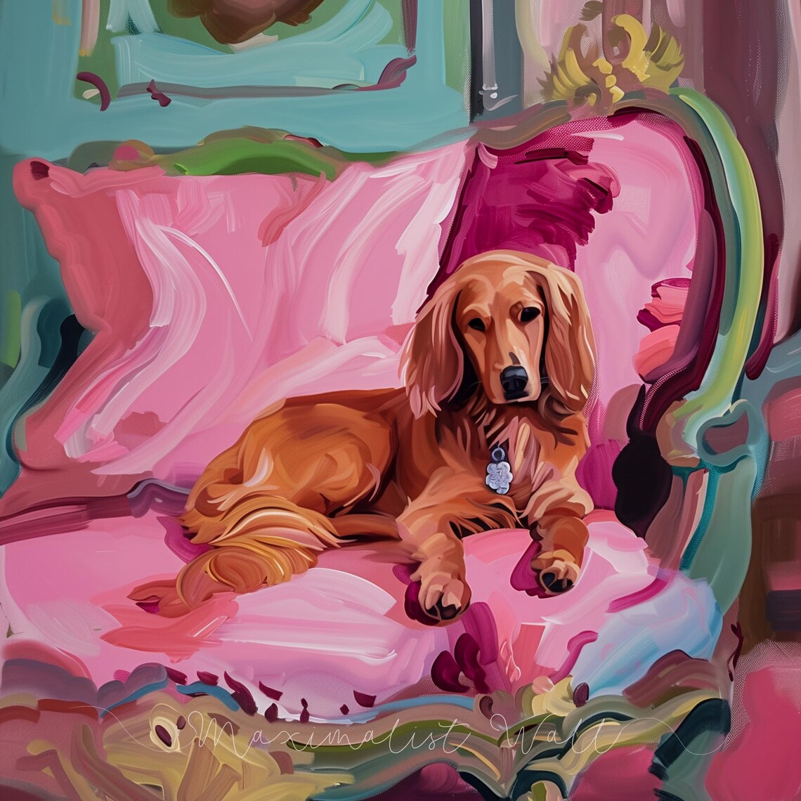 Elegant Long Haired Dachshund Lounging on a Pink Velvet Sofa Poster