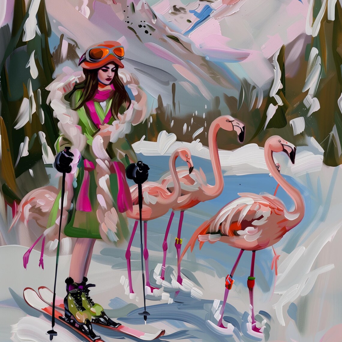 Lady Skier in Goggles Posing with Flamingos on a Snowy Slope Poster