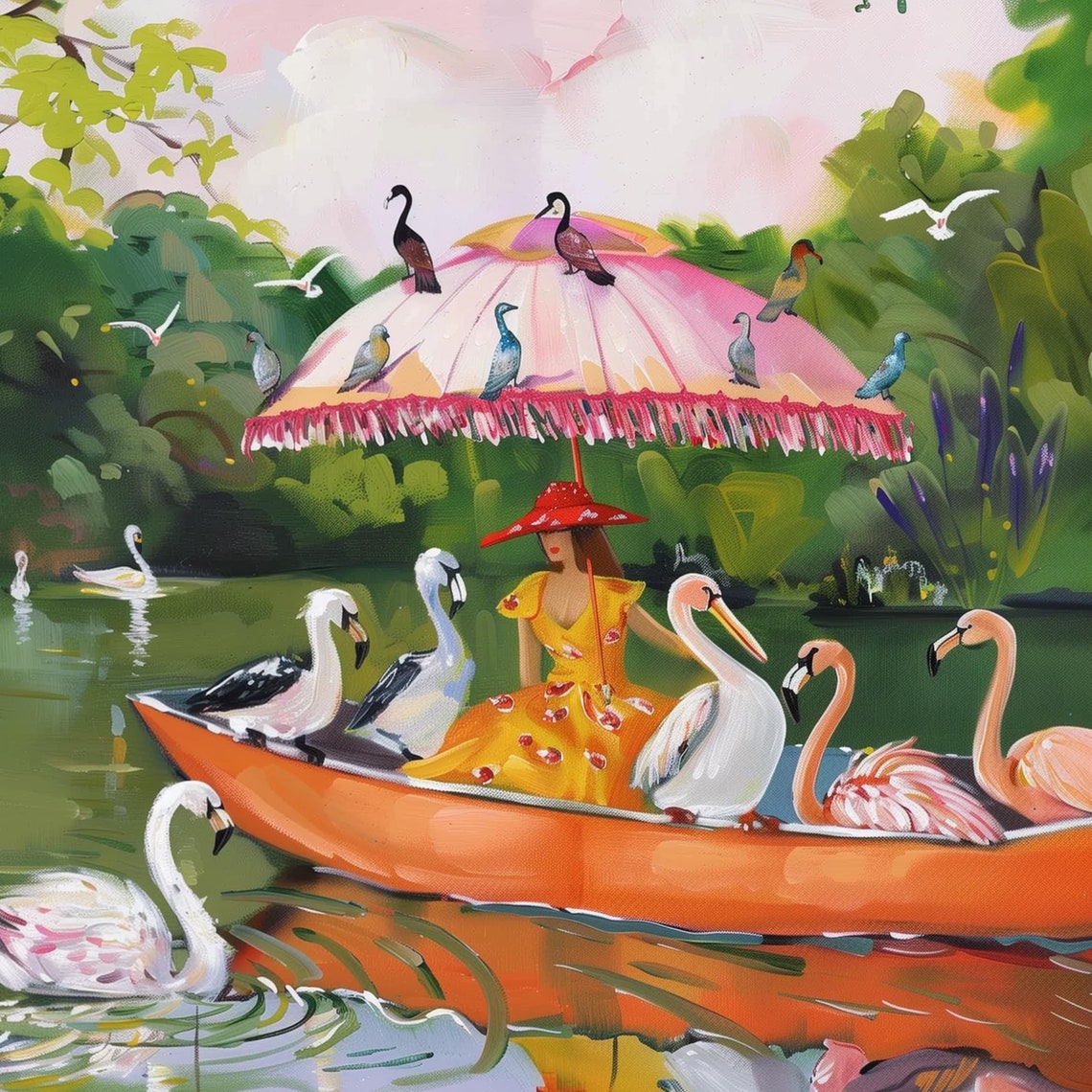 Woman in Orange Canoe with Waterbirds under Pink Umbrella Poster