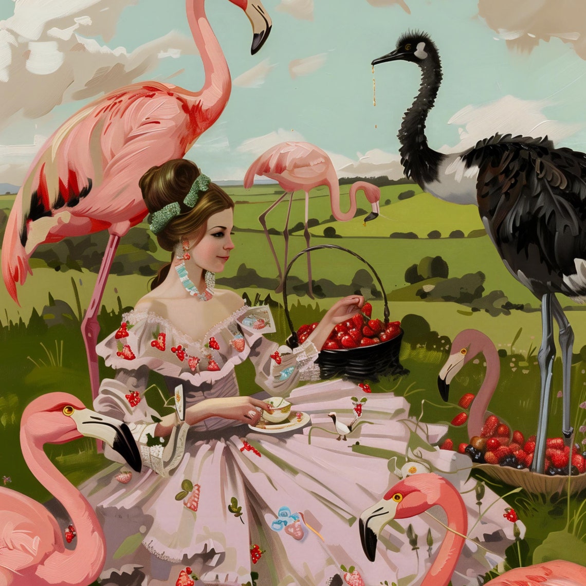 Lady in a Strawberry Dress With Flamingos Having a Picnic Tea Poster