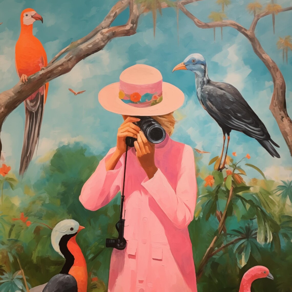 Birdwatcher Whimsical Bird Art Print, Maximalist