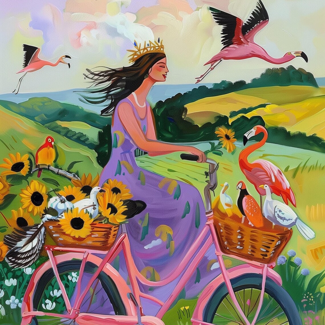 Crowned Lady Cycling through Green Hills with Flamingos Poster