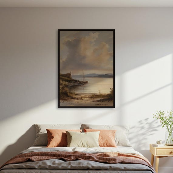 Vintage Coastal Landscape Postersailboat Wall Art Printnautical Decorbeach House Artmoody Seascape Posterframed Or Unframed