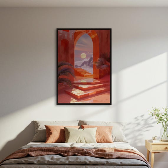 Surreal Desert Landscape Art Print Abstract Architecture Poster Moon And Stairs Wall Unique Decor Framed Or Unframed