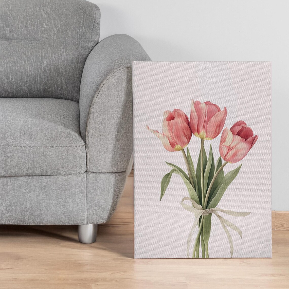 Soft Pink Tulip Bouquet With Ribbon Elegant Watercolor Poster