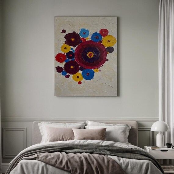 Abstract Circles Colorful Dots Painting Framed Geometric Art Textured Canvas Print Playful Office Decor Vibrant Entryway Accent