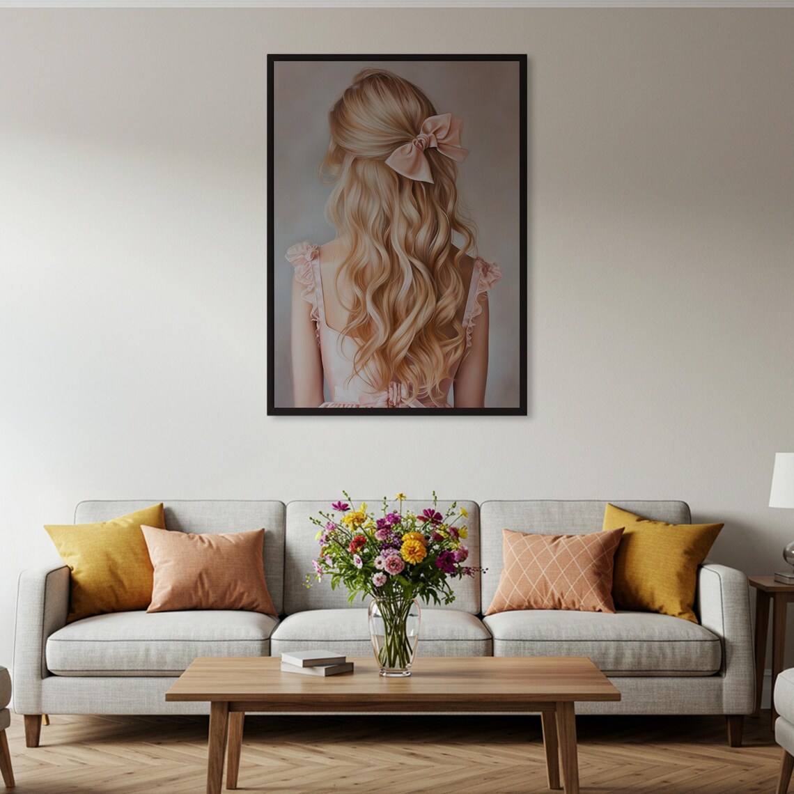 Blonde Hair With Pink Ribbon, Feminine Bedroom Decor - Image 4