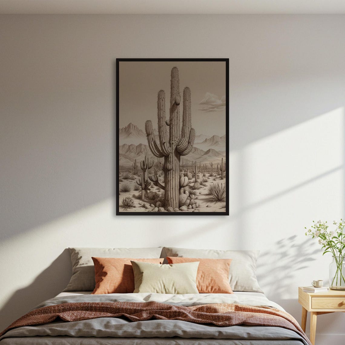 Sepia Saguaro Cactus Desert Landscape Vintage Hand Sketch Poster