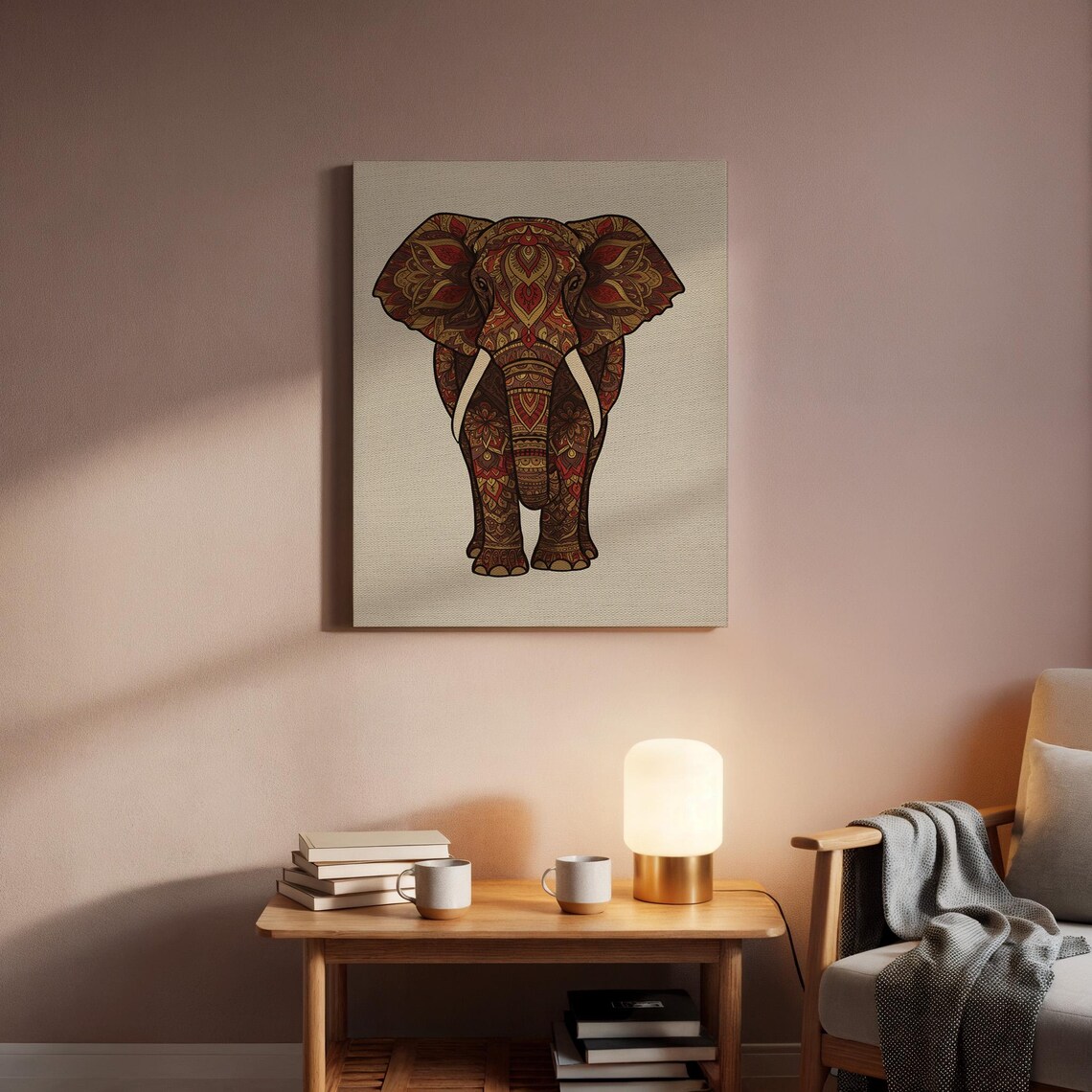 Ornate Red and Gold Mandala Elephant Bohemian Front Facing Animal Art Poster - Image 2