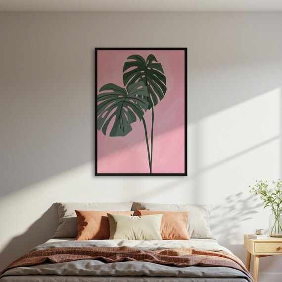 Monstera Leaf Poster Pink Wall Art Botanical Print Plant Lover Gift Modern Home Decor Framed Or Unframed