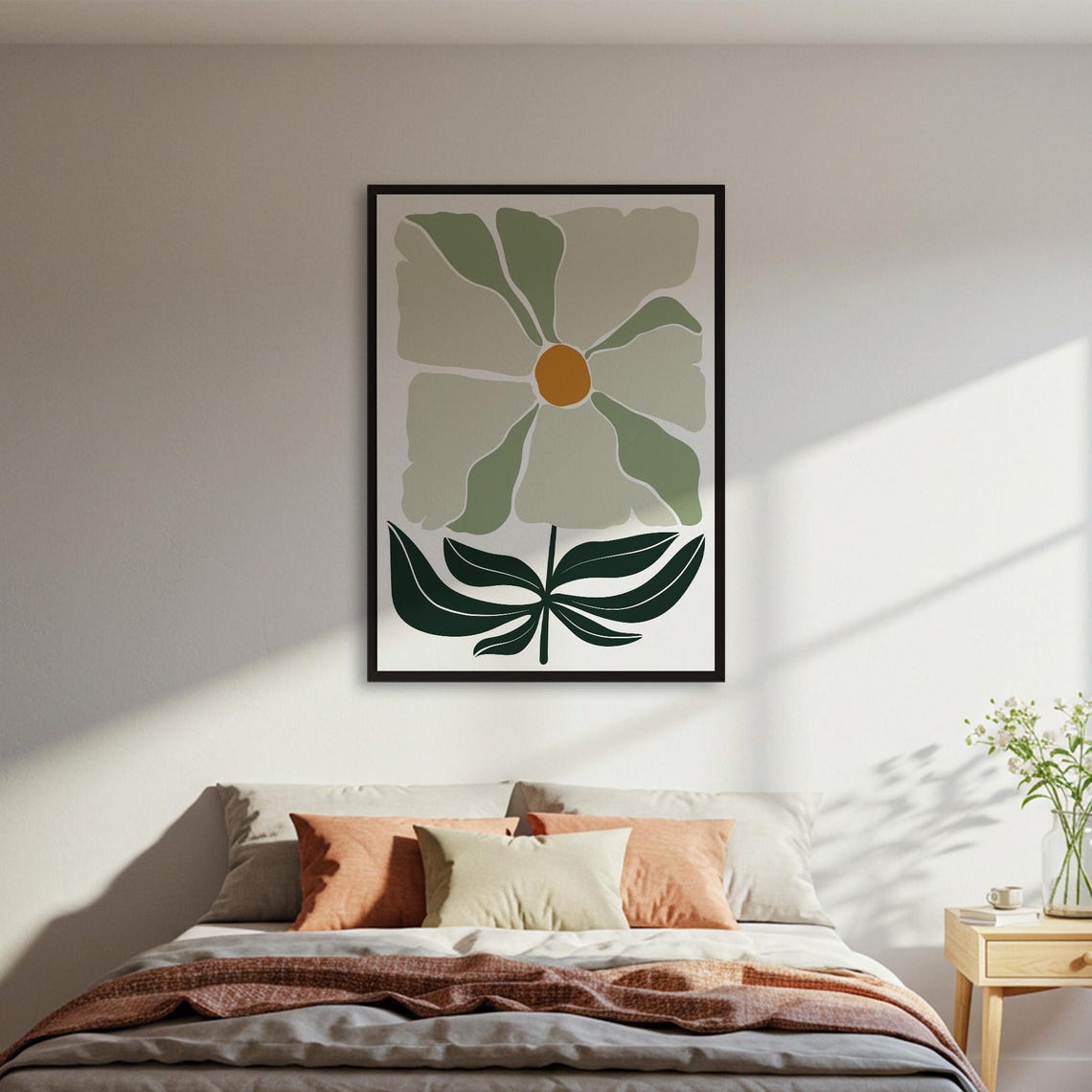 Sage Green Abstract Flower Mustard Center Modern Botanical Poster