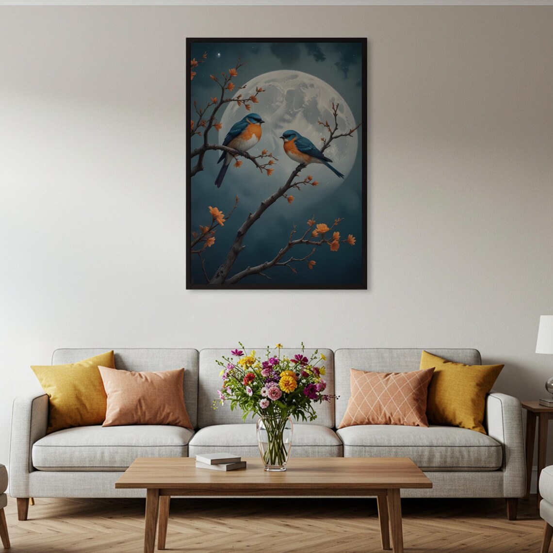Birds on Branch, Full Moon Nature Wall Art - Image 4