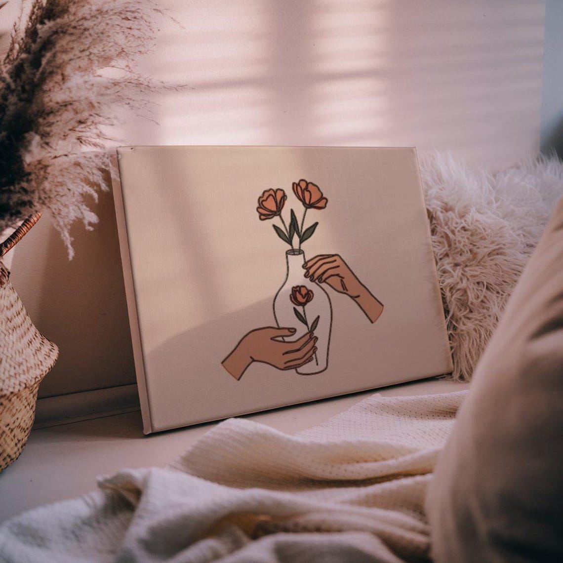 Minimalist Hands Holding Vase Flowers Peach Line Art Style Poster - Image 3