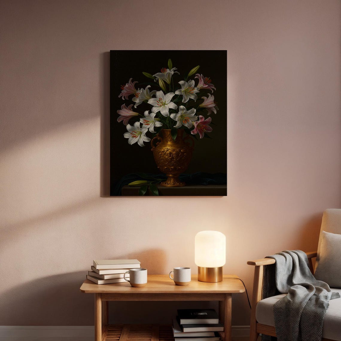 White Pink Lilies in Gold Vase Moody Floral Still Life Poster - Image 3