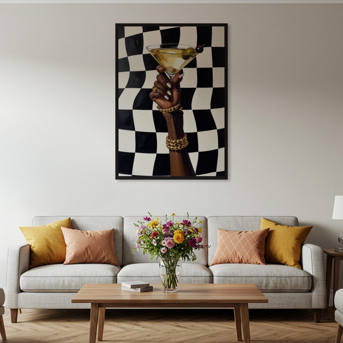 Martini Hand Checkerboard Cocktail Gold Bracelet Chic Bar Art Poster - Image 2