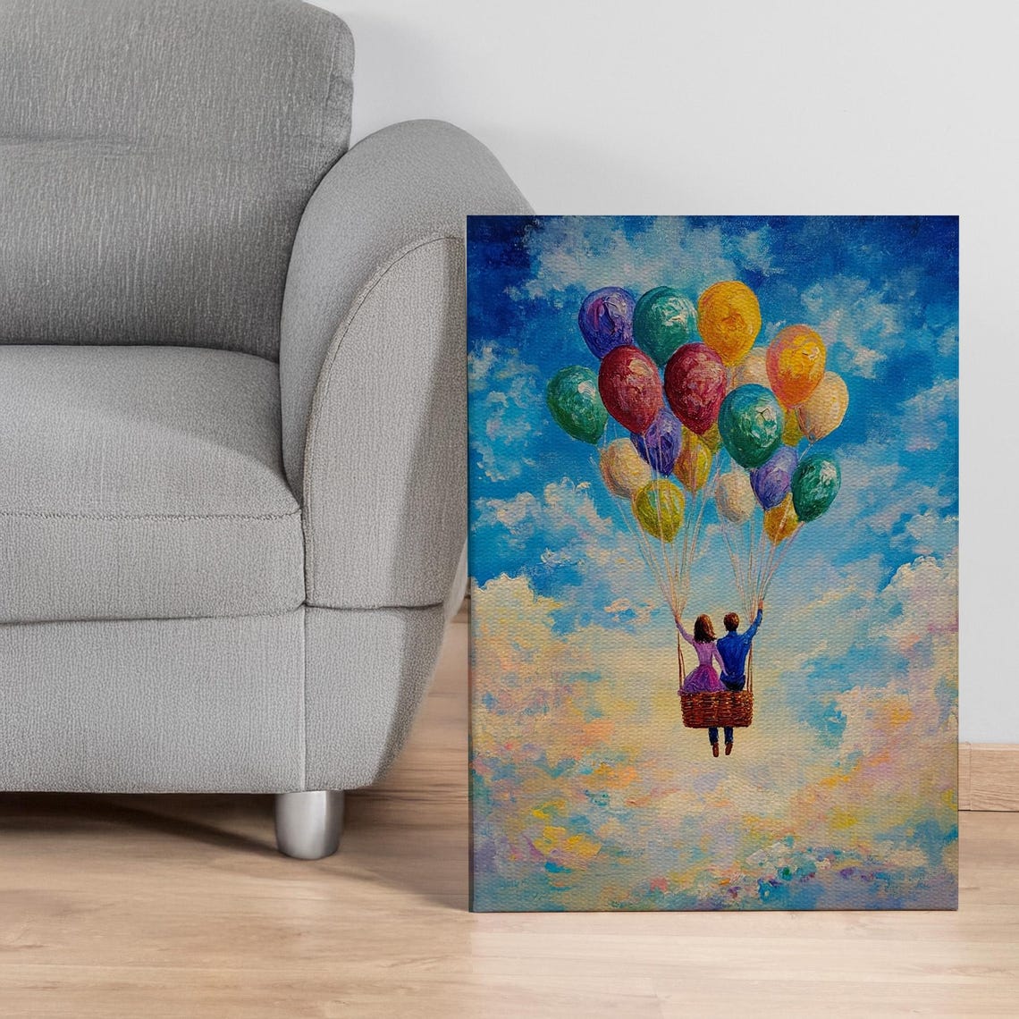 Romantic Couple Flying With Colorful Balloons Sky Art Poster