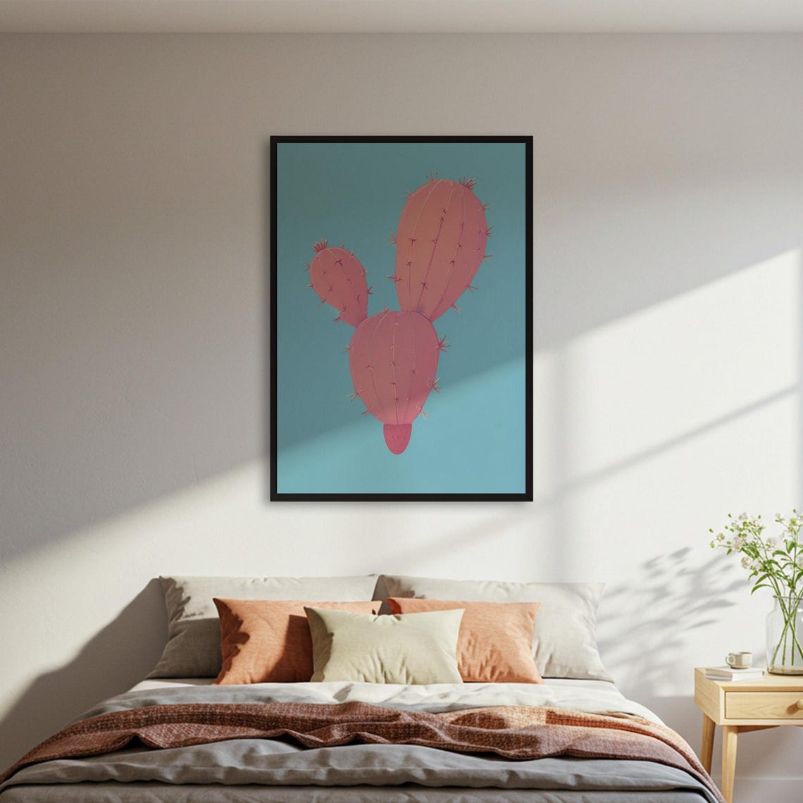 Pink Prickly Pear Cactus On Teal Background Minimalist Poster