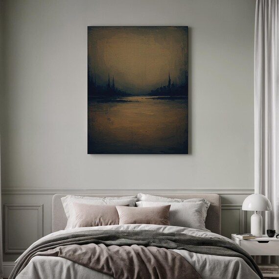 Dark Moody Riverside Cityscape at Dusk Cathedral Spires Gothic Art Poster