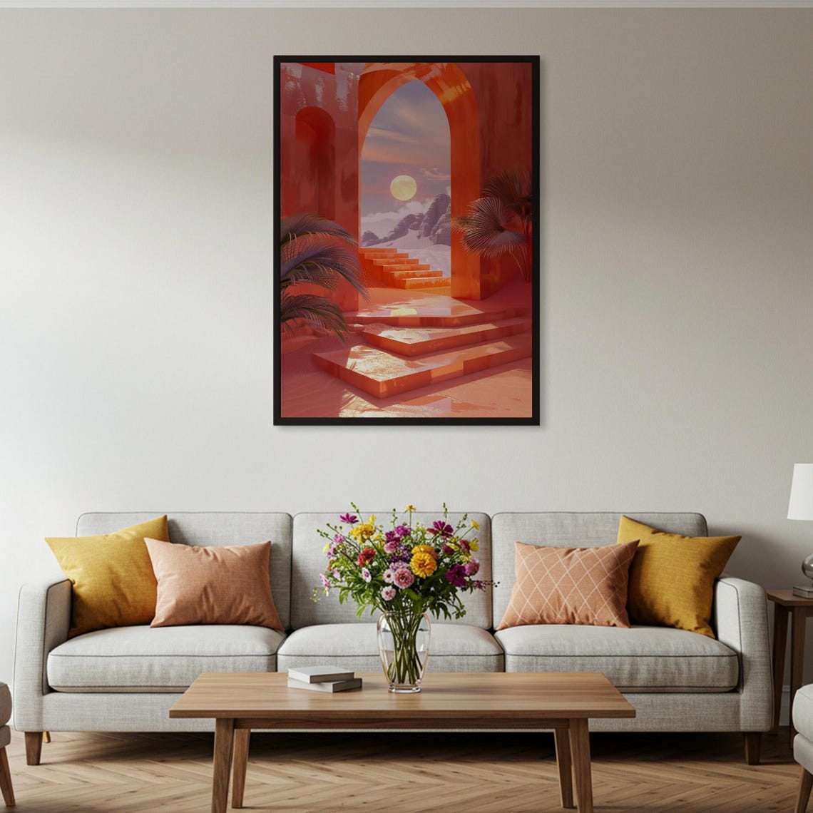 Surreal Coral Desert Arch Full Moon Stairs Palm Modern Art Poster - Image 2