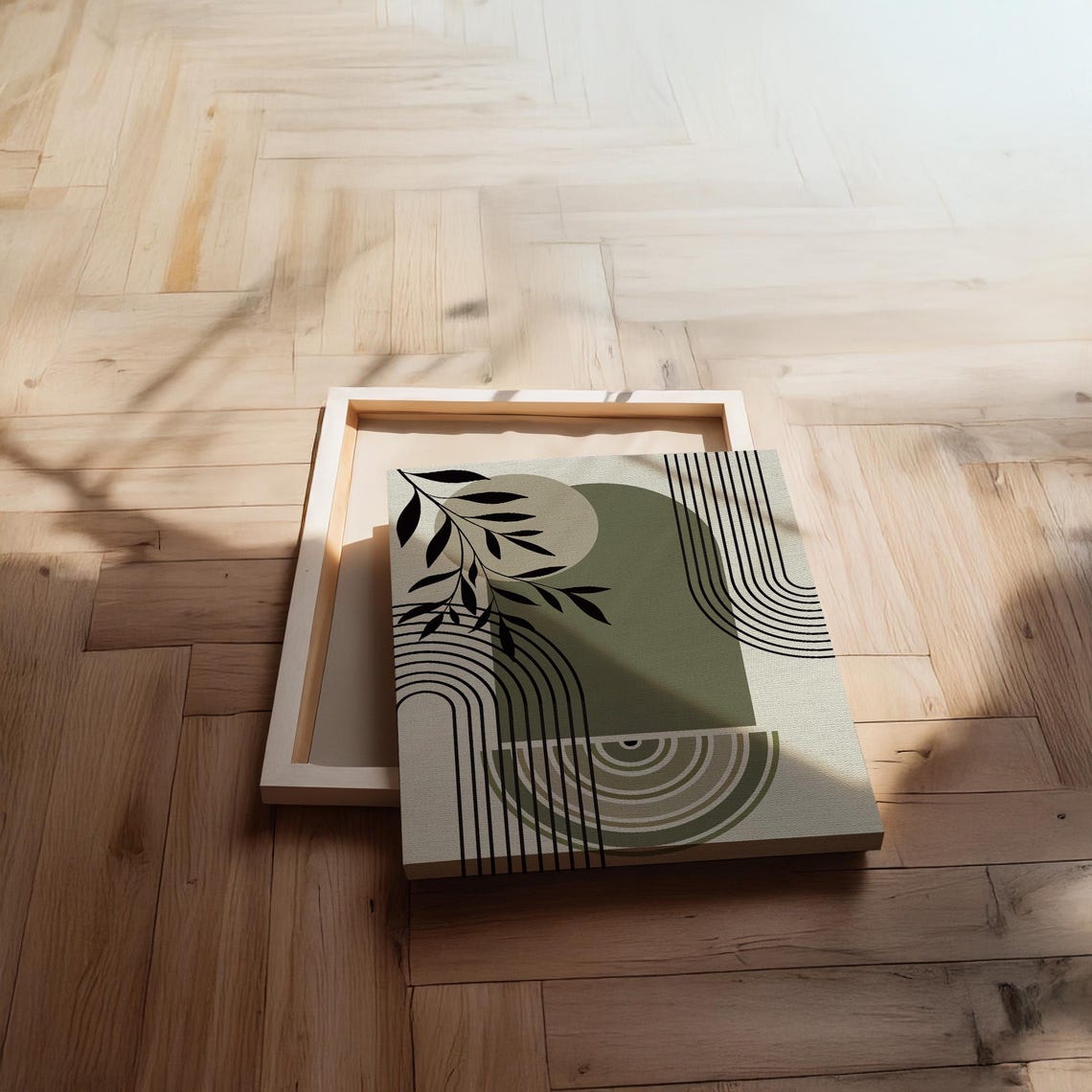 Geometric Abstract Green Arches Neutral Minimal Modern Canvas Print - Image 2