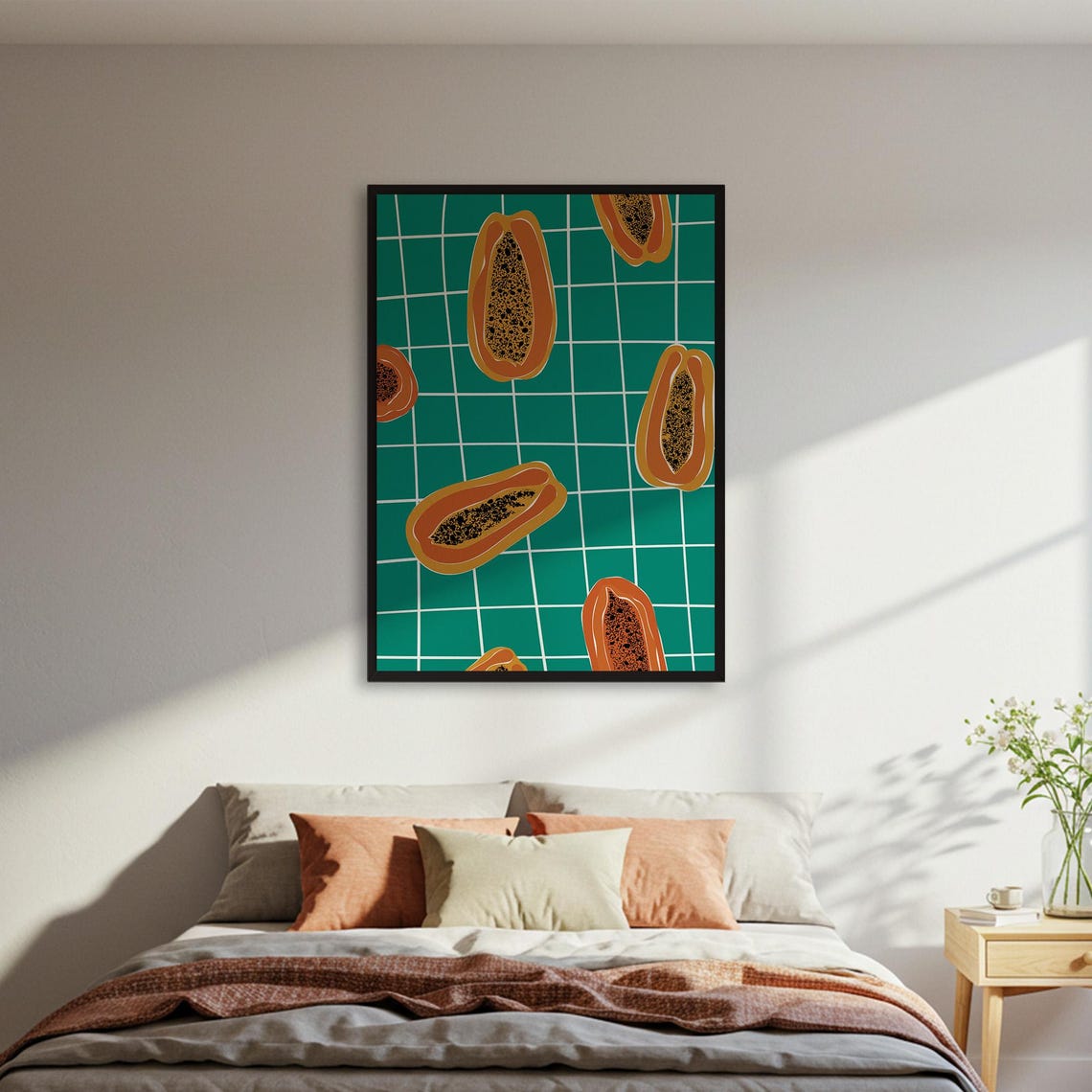 Papaya Fruit Pattern Teal Grid Tropical Kitchen Wall Decor Poster