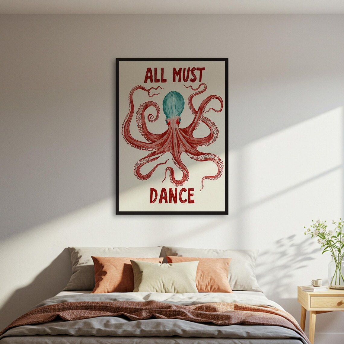 All Must Dance Red Octopus Nautical Funny Quirky Animal Art Poster