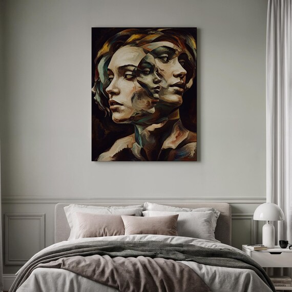 Overlapping Painterly Female Faces Profile Dark Expressionist Art Poster