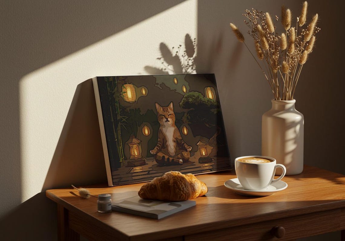Meditating Tabby Cat Zen Japanese Garden Lanterns Night Poster - Image 2